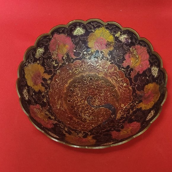 Vintage Solid Brass Enameled Footed Hand Painted Peacock Trinket Dish - Picture 3 of 11